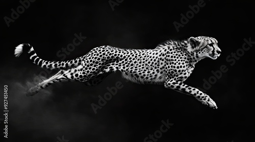 Bold black and white photograph of a single cheetah in motion against a black void capturing its speed and elegance