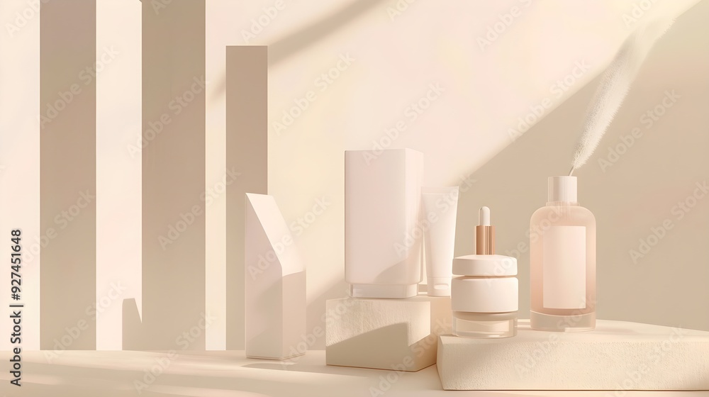 A minimalist and elegant display of skin care products, featuring geometric shapes and soft lighting A minimalist and elegant display of skin care products, featuring geometric shapes and soft lighting