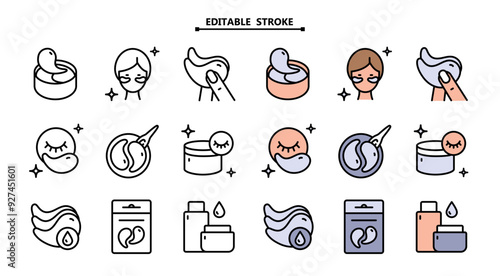 Eye gel patches color icons set. Editable stroke. Simple illustrations of eye mask. Flat isolated vector signs set on white. Trend care products