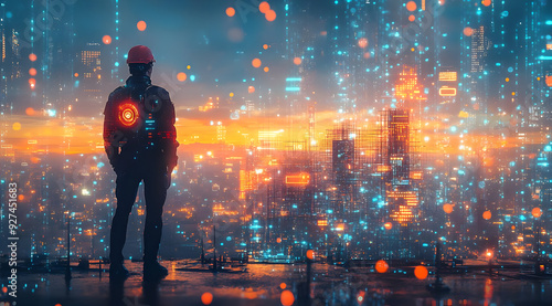 A silhouette of a worker overlooking a futuristic cityscape illuminated by digital lights and technology, symbolizing innovation.