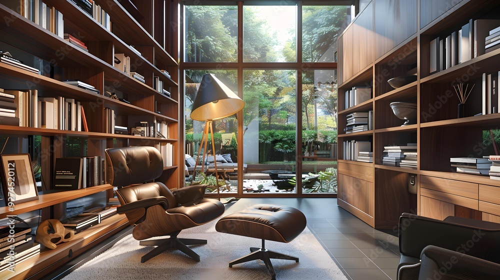 A modern reading room with wooden shelves, a recliner, and a large floor lamp A modern reading room with wooden shelves, a recliner, and a large floor lamp