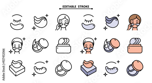 Eye gel patches color icons set. Editable stroke. Simple illustrations of eye mask. Flat isolated vector signs set on white. Trend care products