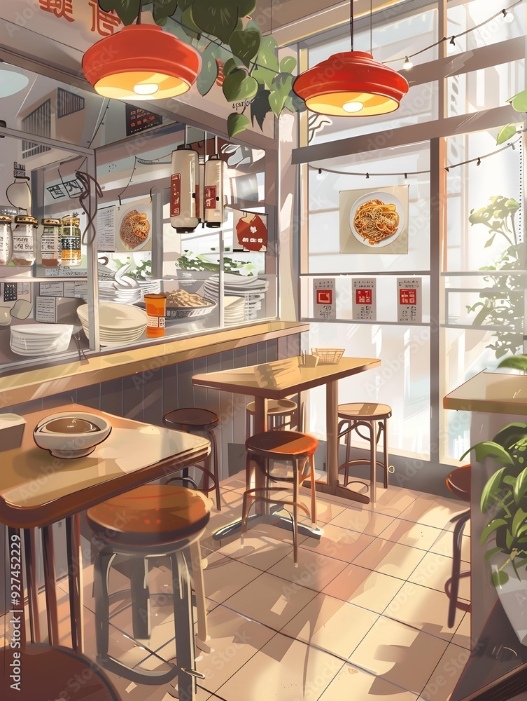 A noodle shop in a high-end, bright, warm, clean, appetizing, and upscale. A noodle shop in a high-end, bright, warm, clean, appetizing, and upscale.