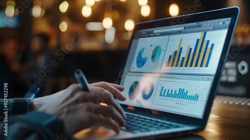 A person analyzing data on their laptop, with the screen showing graphs and tables of traffic analytics. close up. 