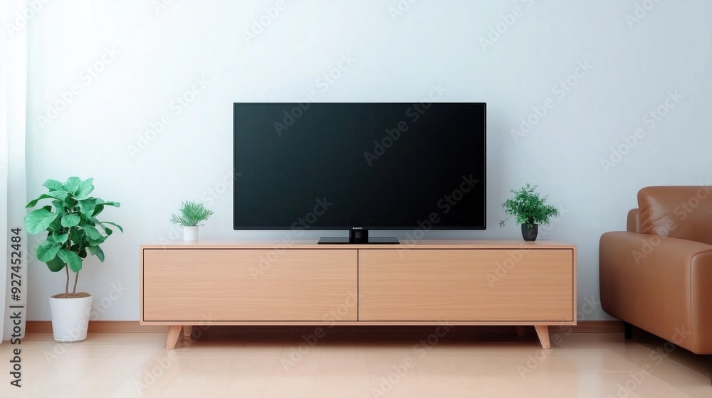 Obraz premium A TV displayed on a wooden cabinet in a room with a simple white wall background, emphasizing the minimalist and uncluttered design.