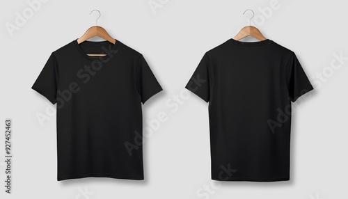 Black tshirt mockup on hanger on plain background. Minimal t-shirt front and back design template photo