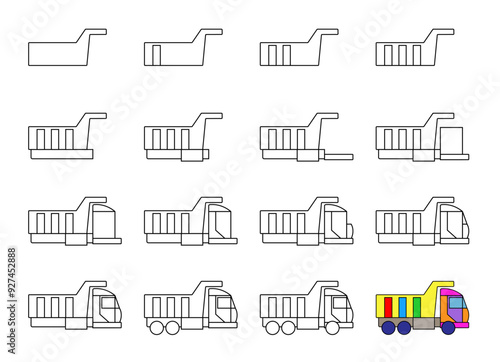 How to draw step by step? Worksheet easy guide to drawing cartoon dump truck. Developing kids skills for drawing and coloring.