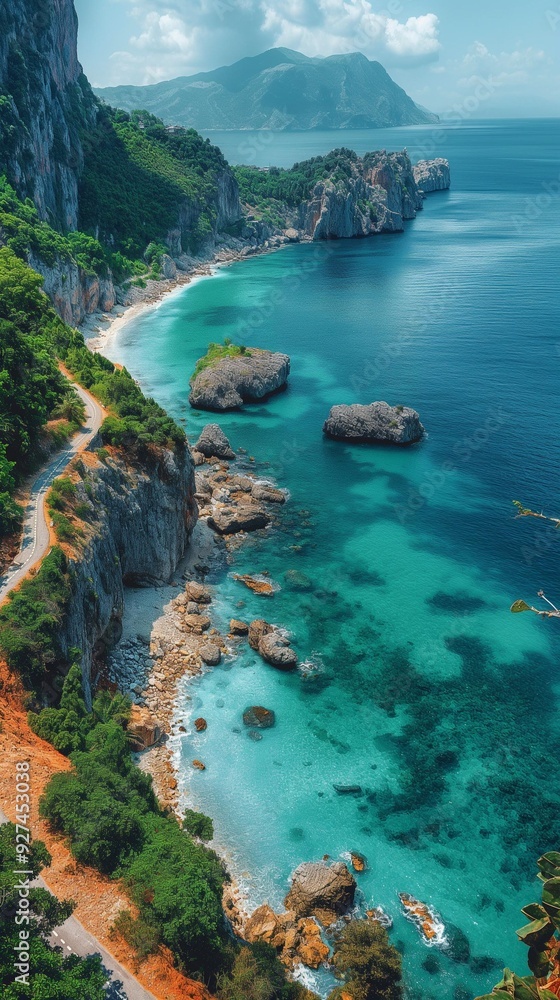AI generator image of a bird's eye view of a high mountain cliff next to a sea beach. AI generator image of a bird's eye view of a high mountain cliff next to a sea beach.