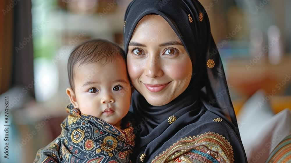 Portrait of a happy, mature Muslim lady carrying a small child while donning a headscarf and traditional black clothing Portrait of a happy, mature Muslim lady carrying a small child while donning a headscarf and traditional black clothing