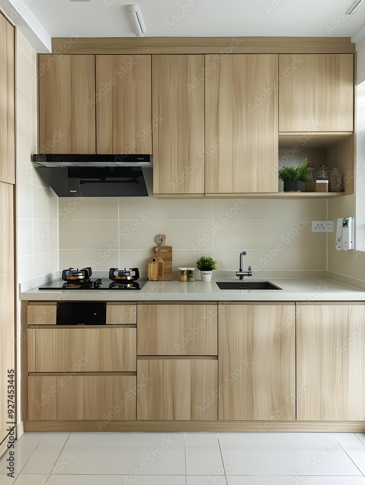 A small kitchen with light brown cabinets and wooden cupboards, a small black stove top with an empty space for an air conditioner built-in under the sink. White tiles on the floor A small kitchen with light brown cabinets and wooden cupboards, a small black stove top with an empty space for an air conditioner built-in under the sink. White tiles on the floor