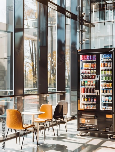 A smart vending machine in a mall modern style, minimalism. Uncluttered look, simple lines, focus on functionality. Glass walls, floor-to-ceiling windows. 