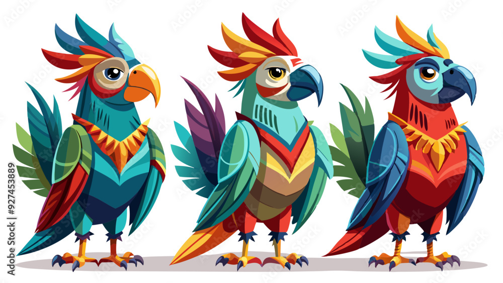 Naklejka premium Colorful Geometric Parrots Vector Illustration - Tropical Bird Art Design , Vibrant Polygonal Parrots - Abstract Tropical Bird Vector Art