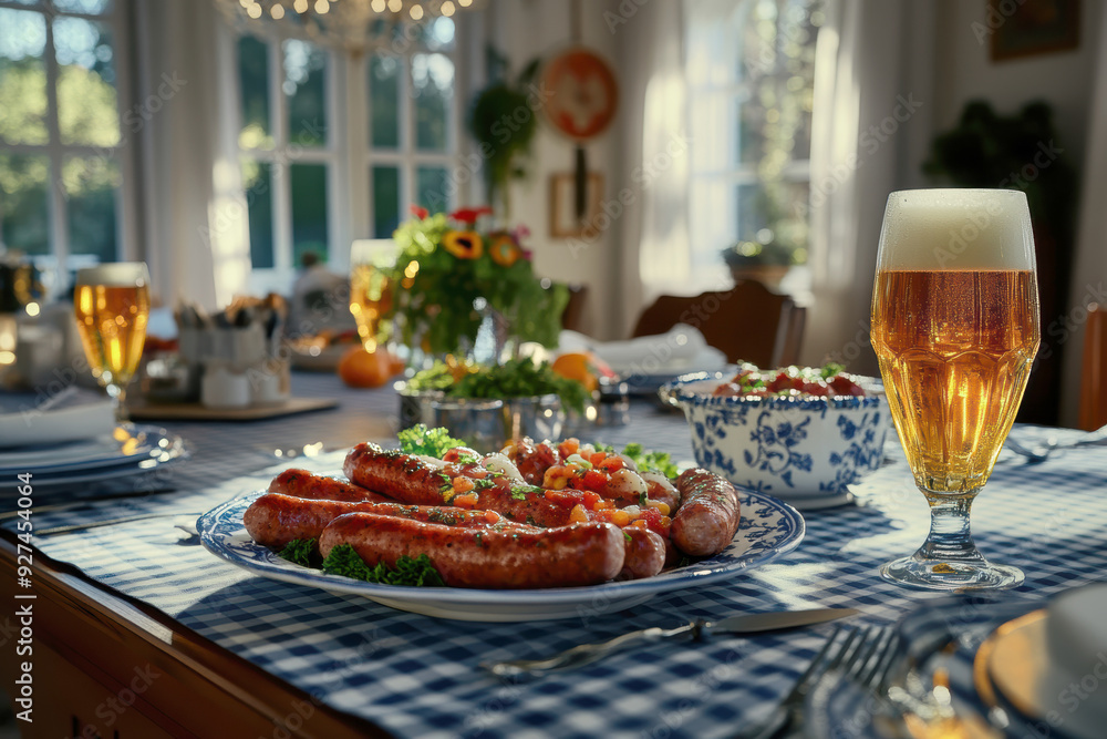 beer on the table and appetizing German sausages. AI generative. beer on the table and appetizing German sausages. AI generative.