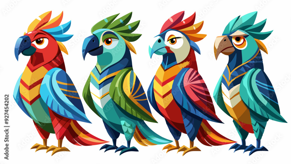 Obraz premium Colorful Geometric Parrots Vector Illustration - Tropical Bird Art Design , Vibrant Polygonal Parrots - Abstract Tropical Bird Vector Art