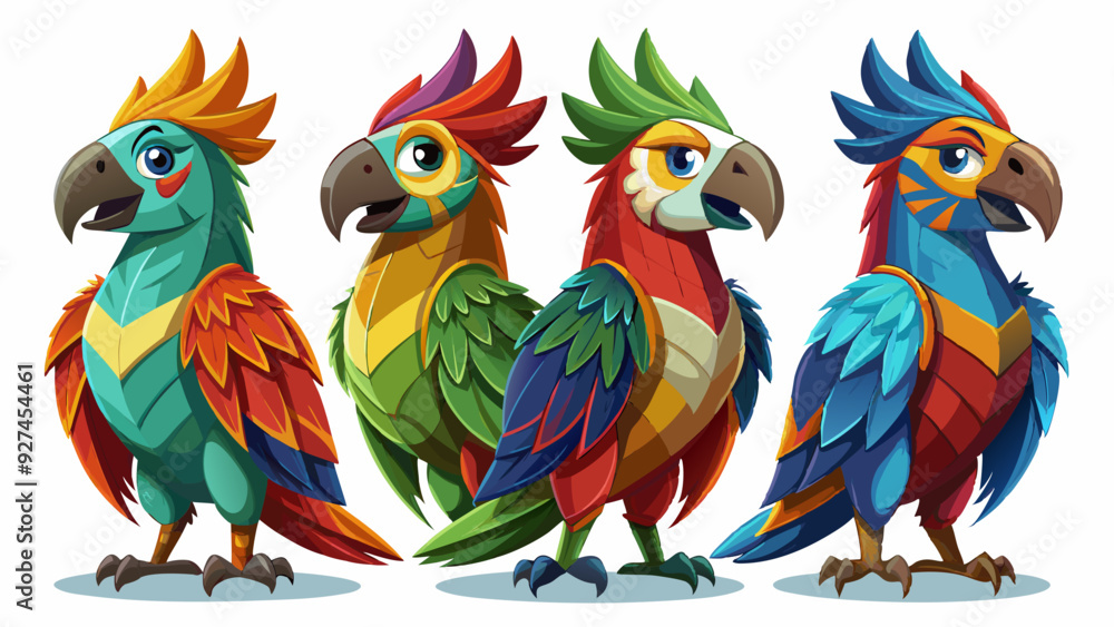 Obraz premium Colorful Geometric Parrots Vector Illustration - Tropical Bird Art Design , Vibrant Polygonal Parrots - Abstract Tropical Bird Vector Art