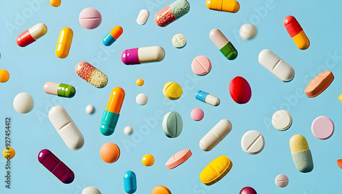 A vibrant array of assorted capsules and pills floating against a blue background, representing health and wellness.
