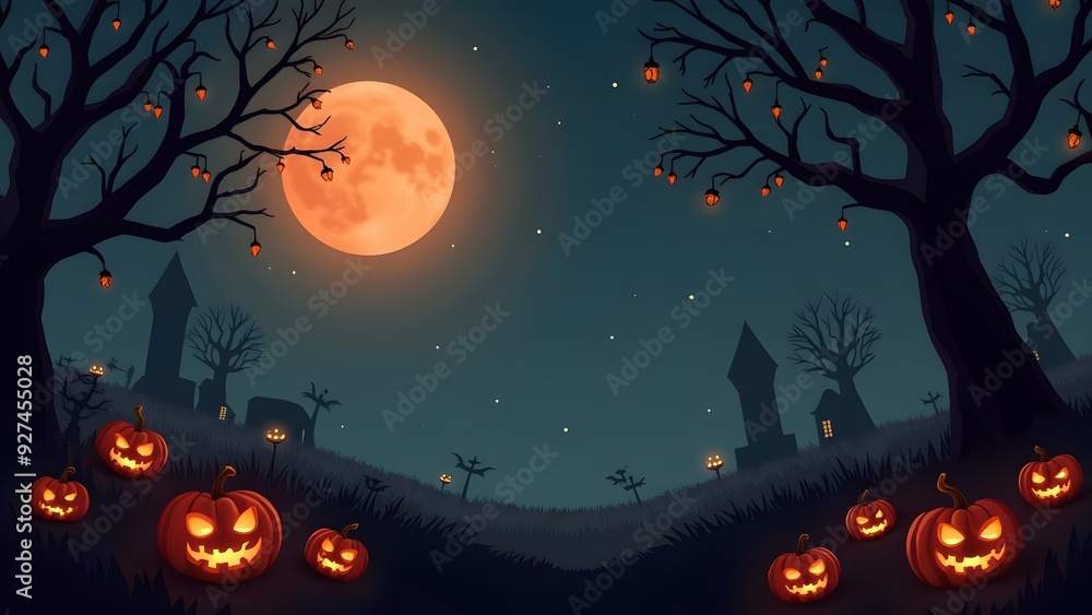 A spooky Halloween scene with glowing jack-o'-lanterns, a full moon, bats, and haunted house silhouettes A spooky Halloween scene with glowing jack-o'-lanterns, a full moon, bats, and haunted house silhouettes