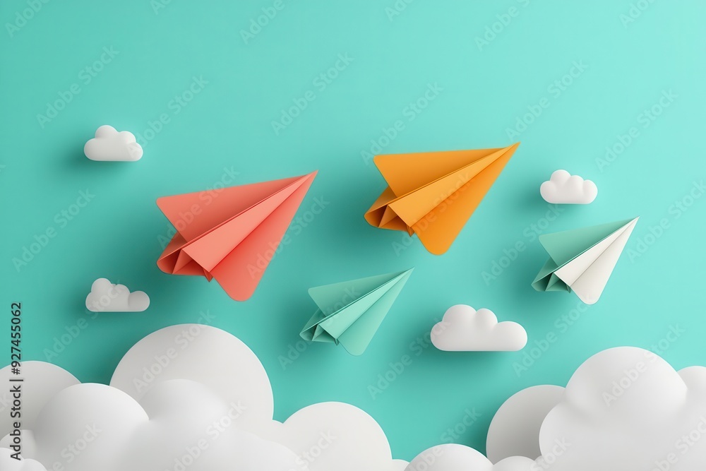 Paper planes of different designs, flying through clouds, folding diagrams, flat design illustration Paper planes of different designs, flying through clouds, folding diagrams, flat design illustration