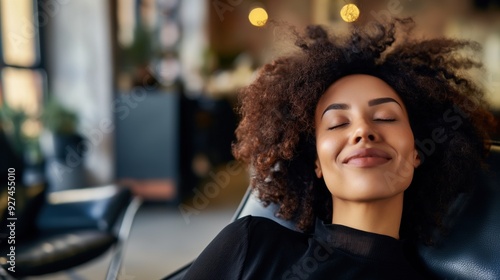 Wallpaper Mural A young woman with curly hair sits back in a chair, smiling contently as she enjoys a moment of relaxation in a modern urban lounge filled with soft lighting Torontodigital.ca