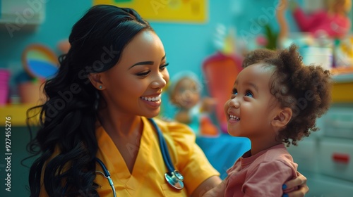 An African American nurse is smiling warmly at a child during a checkup, demonstrating dedication and care