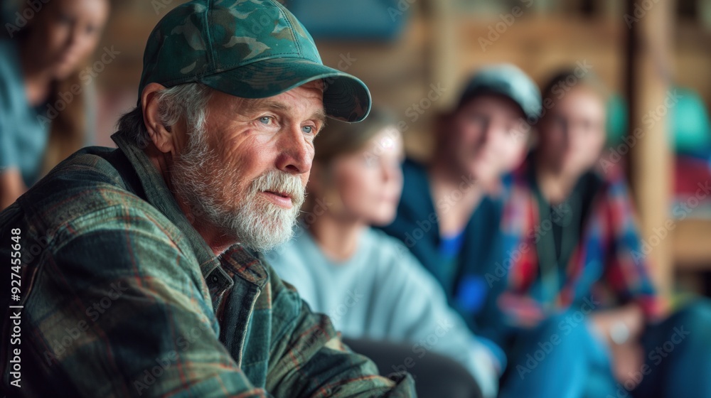 Fototapeta premium People attending a support group for addiction recovery, sharing stories and encouragement, expressions of vulnerability and strength, promoting mental health and recovery, indoor circle setting