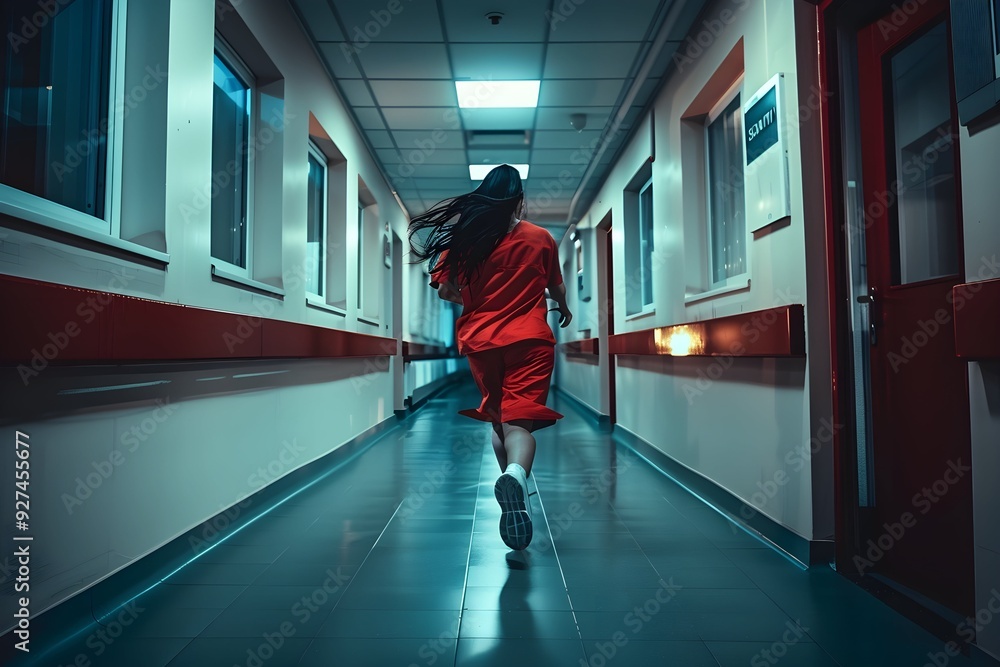 Obraz premium Attractive nurse, running in the hospital during night shifts at a small mental hospital