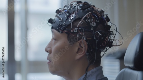 A research participant sitting still, equipped with a cap of monitoring devices, as brain activity is recorded for scientific study in a well-lit laboratory