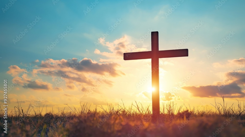A wooden cross stands tall in a grassy field as the sun sets, casting a warm glow and creating a peaceful atmosphere filled with soft, colorful clouds A wooden cross stands tall in a grassy field as the sun sets, casting a warm glow and creating a peaceful atmosphere filled with soft, colorful clouds