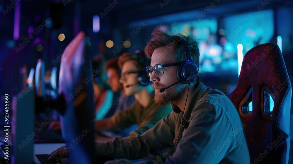 Gamers are focused on their screens, wearing headsets and competing in a thrilling esports event illuminated by colorful lights Gamers are focused on their screens, wearing headsets and competing in a thrilling esports event illuminated by colorful lights