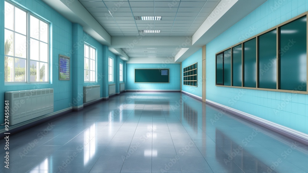The corridor features bright blue walls, large windows letting in natural light, and several empty classrooms with green chalkboards along the sides The corridor features bright blue walls, large windows letting in natural light, and several empty classrooms with green chalkboards along the sides