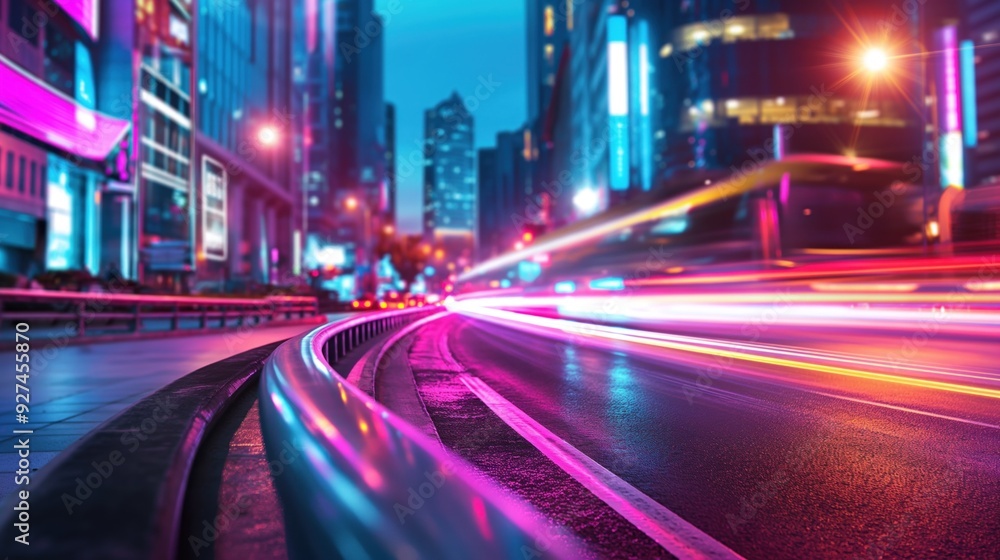 Fototapeta premium Vibrant city streets glowing at night feature trails of light from passing vehicles amidst tall skyscrapers and neon signs