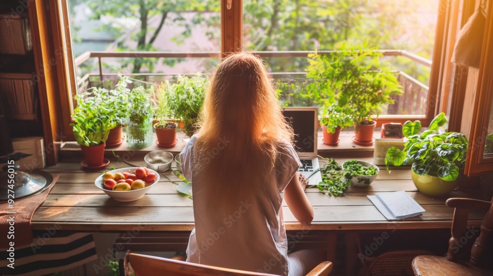 A person sits at a wooden table, typing on a laptop, surrounded by vibrant indoor plants and a bowl of fresh apples, enjoying the warm afternoon sunlight streaming through the window A person sits at a wooden table, typing on a laptop, surrounded by vibrant indoor plants and a bowl of fresh apples, enjoying the warm afternoon sunlight streaming through the window
