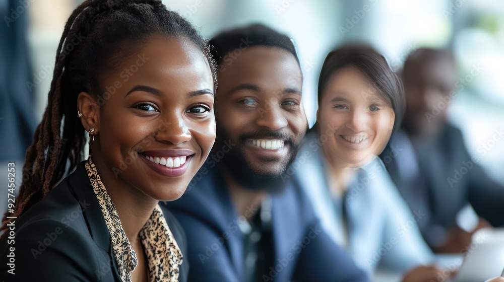 Smiling Black Woman with Two Colleagues in the Background Smiling Black Woman with Two Colleagues in the Background