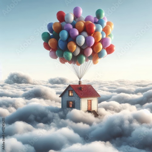 A simple house tied with lots of colorful balloons and flying above the clouds, realistic and accurate details in 8k resolution
