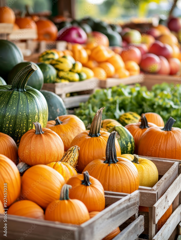 Farmers market with an abundance of pumpkins, apples, and fresh produce. AI generative. Farmers market with an abundance of pumpkins, apples, and fresh produce. AI generative.