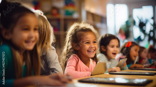 Children learning with tablets in a colorful classroom