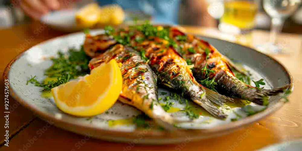 Grilled sardines. AI generative. Grilled sardines. AI generative.