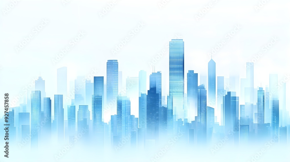 Blue Cityscape Skyline with Fog - Modern Architecture Blue Cityscape Skyline with Fog - Modern Architecture