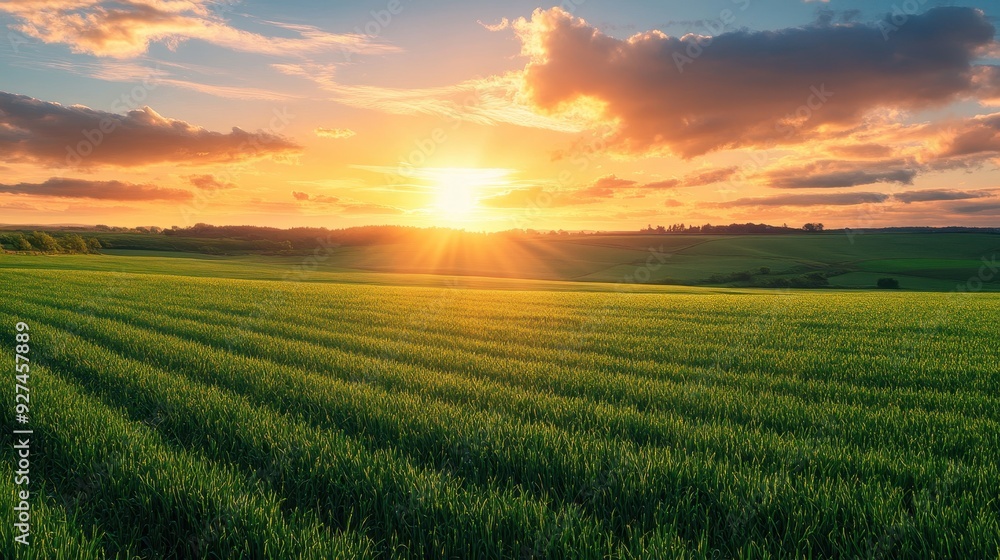A serene landscape at sunset with vibrant fields and a dramatic sky. A serene landscape at sunset with vibrant fields and a dramatic sky.