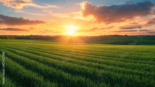 A serene landscape at sunset with vibrant fields and a dramatic sky.