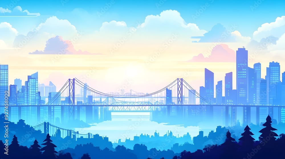 Fototapeta premium Blue Cityscape with Bridge and Sunset Clouds