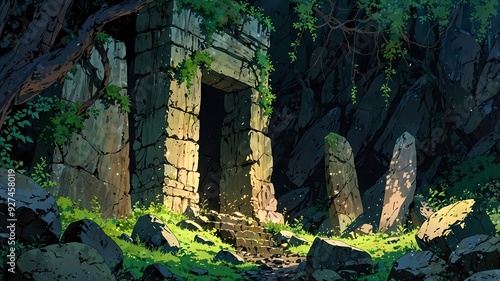 Enchanted Forest Cave: A Mysterious Entrance Shrouded in Enchantment Anime Style