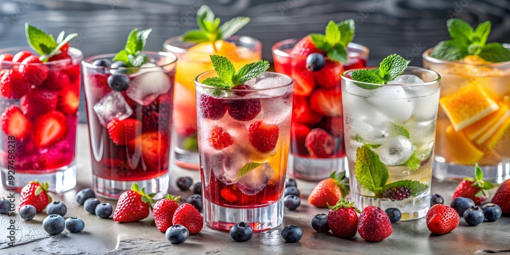Close-up view of a variety of berry and fruit drinks with ice in glasses, refreshing, delicious, colorful, summer, beverages Close-up view of a variety of berry and fruit drinks with ice in glasses, refreshing, delicious, colorful, summer, beverages