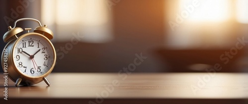 Gold Alarm Clock on Wooden Table with Sunlit Background