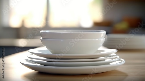 A stack of washed dishes, clean and shinny 2 white bowls on 3 white plates Generative AI