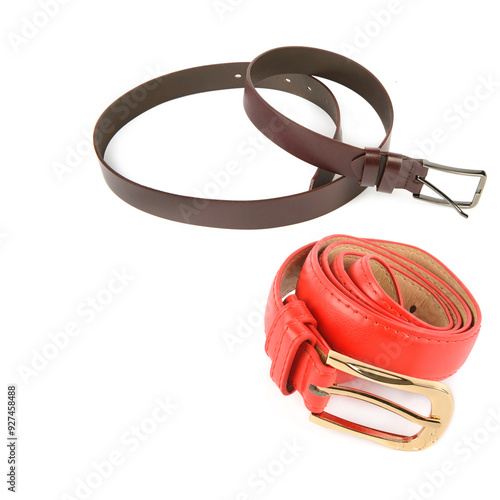 Two leather women's belts isolated on white. There is free space for text. Collage.