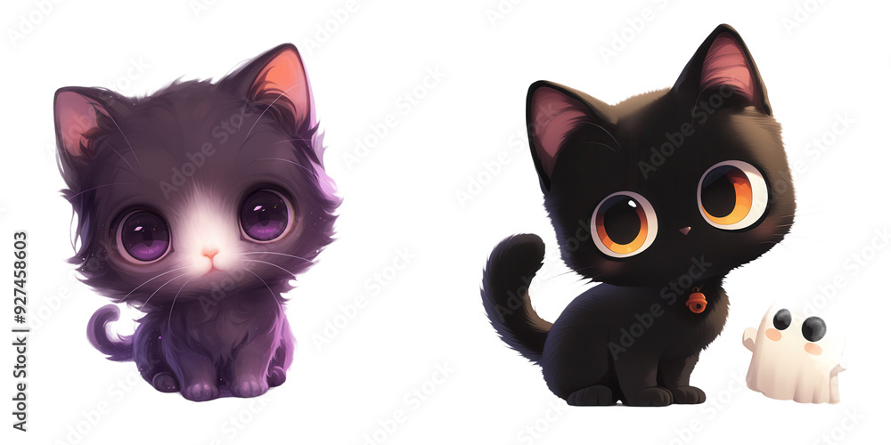 Fototapeta premium A cute black kitten with a tiny ghost friend, Halloween theme, digital art, isolated on transparent background