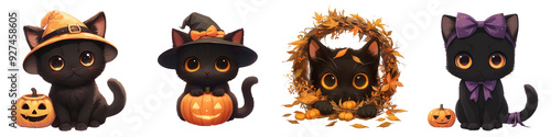 A cute black kitten with a Halloween mask, Halloween theme, digital art, isolated on transparent background photo