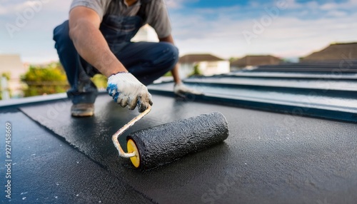 Using a roller brush to apply a waterproof coating to a rooftop. Generated image