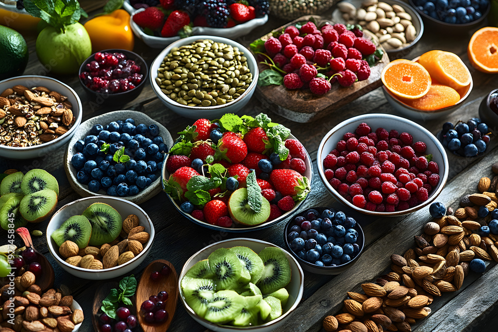 Selection of healthy food. Superfoods, various fruits and assorted berries, nuts and seeds. Selection of healthy food. Superfoods, various fruits and assorted berries, nuts and seeds.